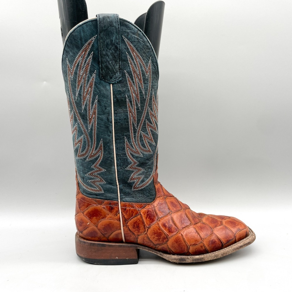Horse Power Kids 5 Fish Scale Western Cowboy Boots Cognac Teal Leather SquareToe